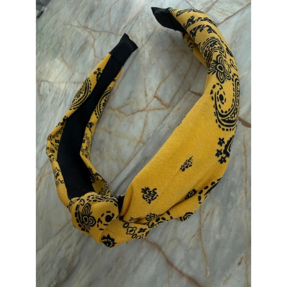 Yellow Paisley Bandana Top Knot‎ Headband Black Western Boho Hair Accessory